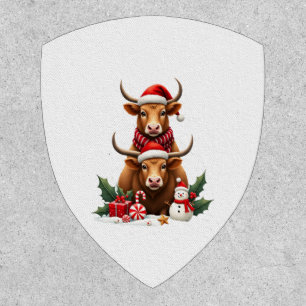 Vintage Christmas Highland Cow Trio Cute Holiday W Patch