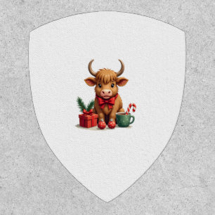Vintage Christmas Highland Cow with Bow Gift and C Patch