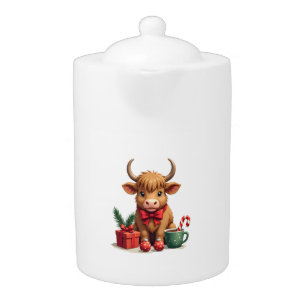 Vintage Christmas Highland Cow with Bow Gift and C Teapot