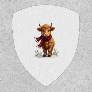 Vintage Christmas Highland Cow with Buffalo Plaid Patch