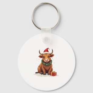 Vintage Christmas Highland Cow with Gifts Cute Hol Keychain