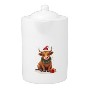 Vintage Christmas Highland Cow with Gifts Cute Hol Teapot