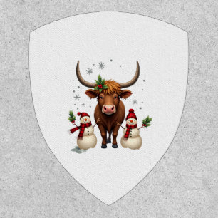 Vintage Christmas Highland Cow with Snowmen Red Pl Patch