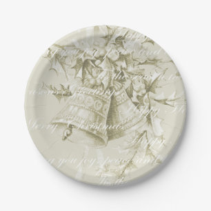 Vintage Christmas holiday bells neutral Paper Plates