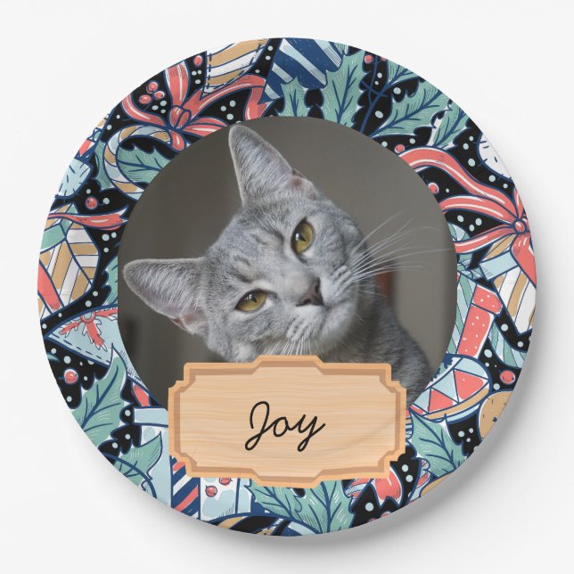 vintage christmas holiday Custom cat Photo  Paper Plates (Front)