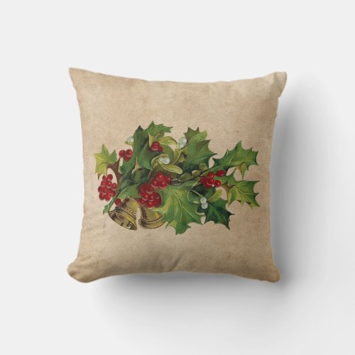 Vintage Christmas Holiday Holly Leaf Bell Throw Pillow