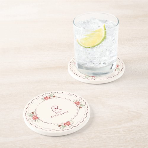 Vintage Christmas Holiday Poinsettia Monogram Coaster