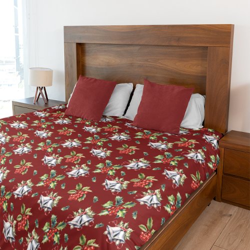 Vintage Christmas Holiday Silver Bells and Holly Duvet Cover