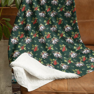 Vintage Christmas Holiday Silver Bells and Holly Sherpa Blanket