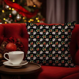 Vintage Christmas Holiday Silver Bells and Holly Throw Pillow