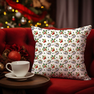 Vintage Christmas Holiday Silver Bells and Holly Throw Pillow