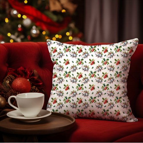 Vintage Christmas Holiday Silver Bells and Holly Throw Pillow