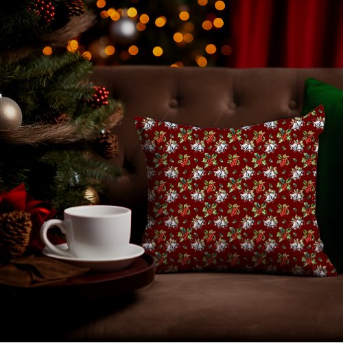 Vintage Christmas Holiday Silver Bells and Holly Throw Pillow