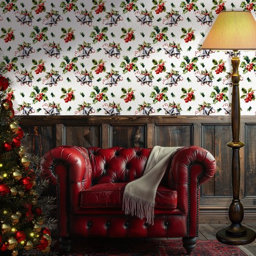 Vintage Christmas Holiday Silver Bells and Holly Wallpaper