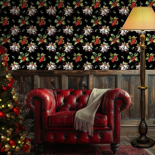 Vintage Christmas Holiday Silver Bells and Holly Wallpaper