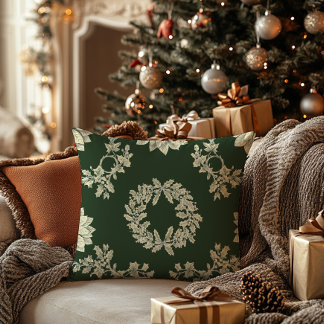 Vintage Christmas Holiday Wreath Throw Pillow