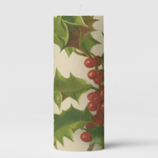 Vintage Christmas Holly Berries Christmas Pillar Candle