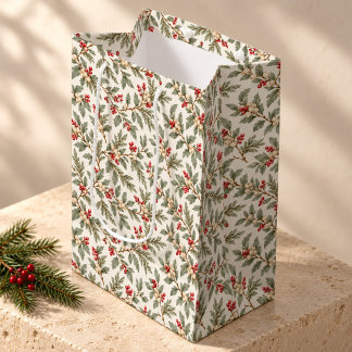 Vintage Christmas Holly Berries Greenery Medium Gift Bag