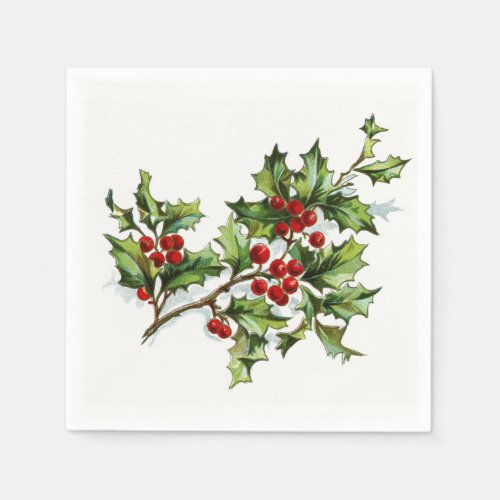 Vintage Christmas Holly Berries Paper Napkins