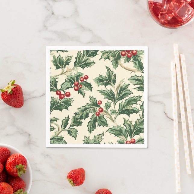 Vintage Christmas Holly Berries Pattern Decoupage Napkins (Insitu)