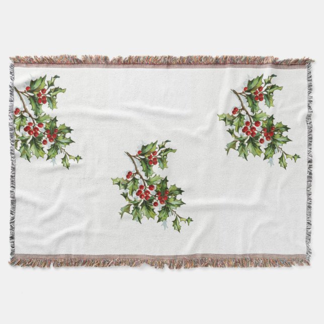 Vintage Christmas Holly Berries Throw Blanket (Front)