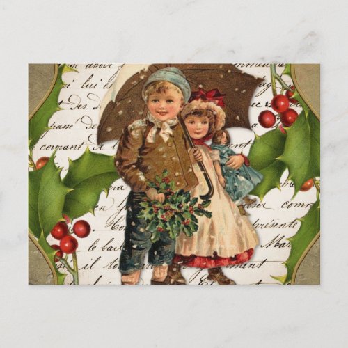 Vintage Christmas Holly Berry and Children  Holiday Postcard