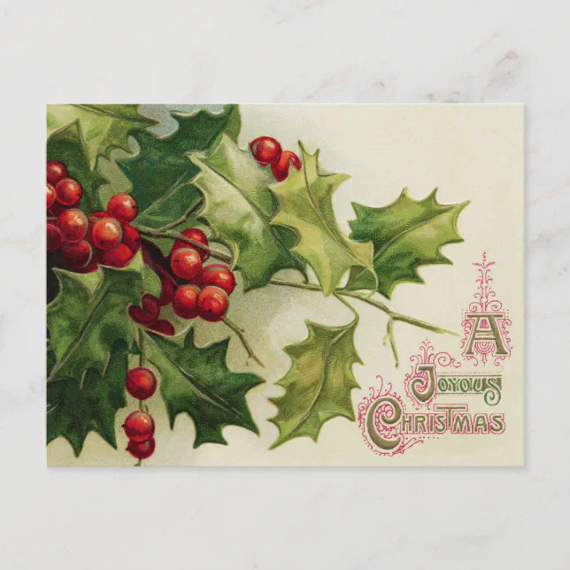 Vintage Christmas Holly Berry Postcard Zazzle 0986