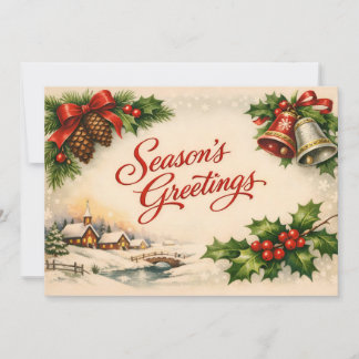 Vintage Christmas Holly Berry, Village, Bells Holiday Card