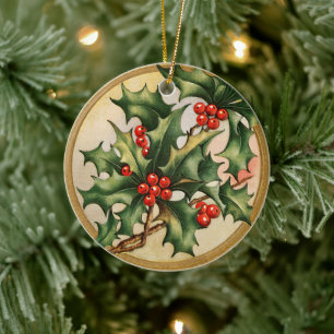 Vintage Christmas Holly Ceramic Ornament