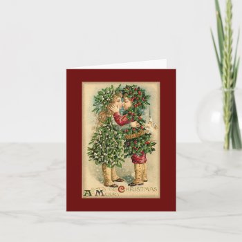 Vintage Christmas Holly Children Love Kissing Holiday Card by vintagecreations at Zazzle