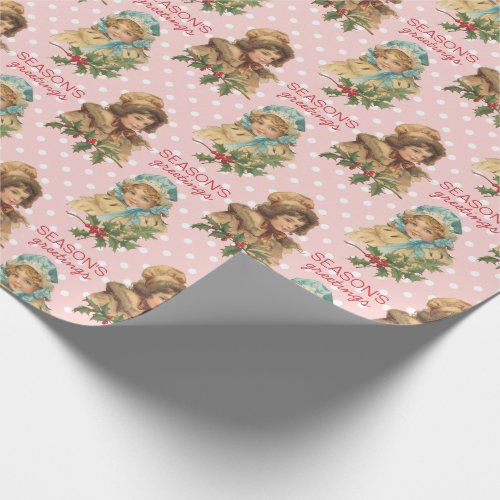 Vintage Christmas Holly Cute Girls Pink Polka Dots Wrapping Paper