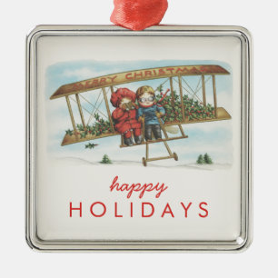 Vintage Christmas Holly Cute Kids Airplane Holiday Metal Ornament