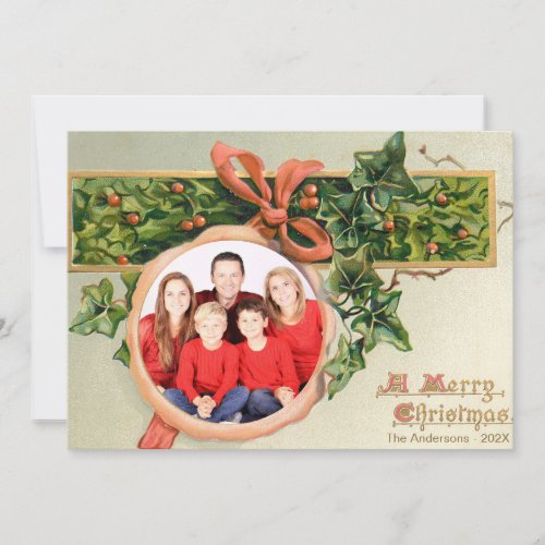 Vintage Christmas Holly Ivy Round Family Photo Holiday Card