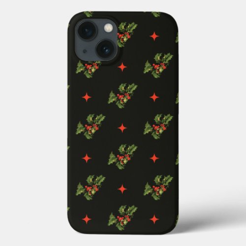 Vintage Christmas Holly Leaves and Stars Pattern iPhone 13 Case