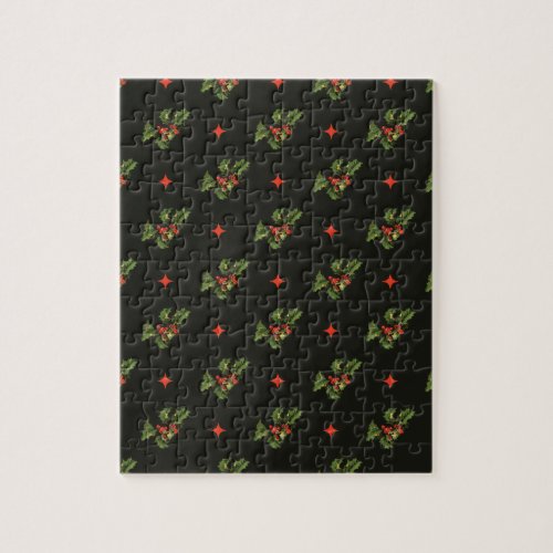 Vintage Christmas Holly Leaves and Stars Pattern Jigsaw Puzzle