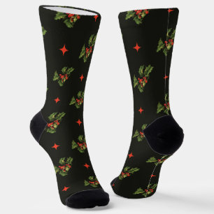 Vintage Christmas Holly Leaves and Stars Pattern Socks