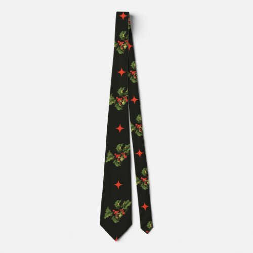 Vintage Christmas Holly Leaves and Stars Pattern Tie