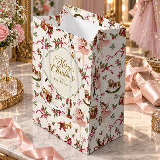 Vintage Christmas Holly Pink Red Bows Custom  Medium Gift Bag