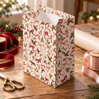 Vintage Christmas Holly Pink Red Ribbon Bows Gift Medium Gift Bag