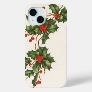 Vintage Christmas, Holly Plant with Red Berries iPhone 15 Case