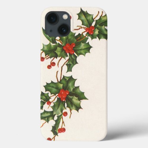 Vintage Christmas Holly Plant with Red Berries iPhone 13 Case