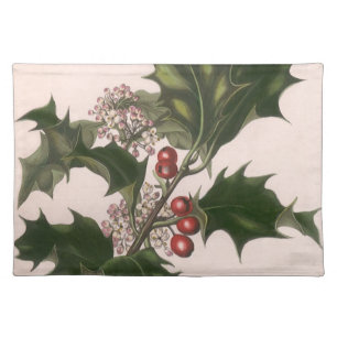 Vintage Christmas, Holly Plant with Red Berries Cloth Placemat