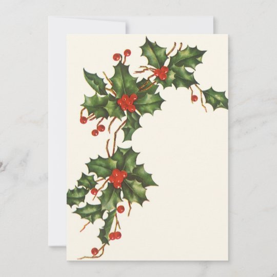 Vintage Christmas Holly Plant With Red Berries Holiday Card Zazzle Com