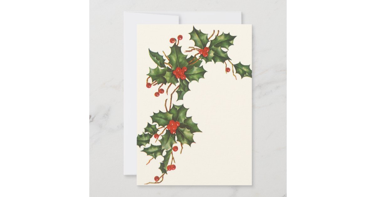 Vintage Christmas Holly Plant With Red Berries Holiday Card Zazzle Com
