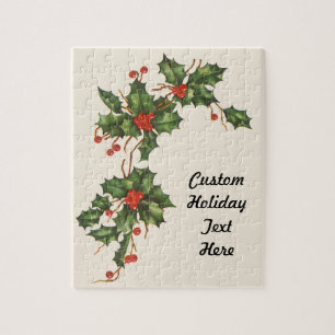 Vintage Christmas, Holly Plant with Red Berries Jigsaw Puzzle