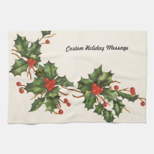 Vintage Christmas, Holly Plant with Red Berries Kitchen Towel