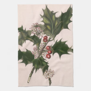 Vintage Christmas, Holly Plant with Red Berries Kitchen Towel