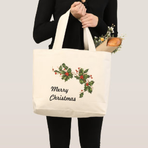 Vintage Christmas, Holly Plant with Red Berries Large Tote Bag