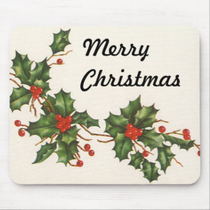 Vintage Christmas, Holly Plant with Red Berries Mouse Pad