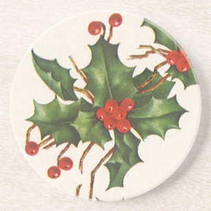 Vintage Christmas, Holly Plant with Red Berries Sandstone Coaster